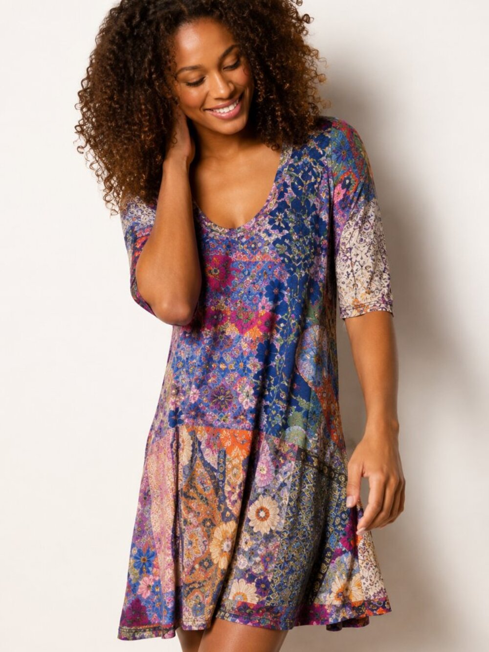 NWT Natural Life All Day ButterSoft Mini Dress Blue Patchwork Medium Boho Swing